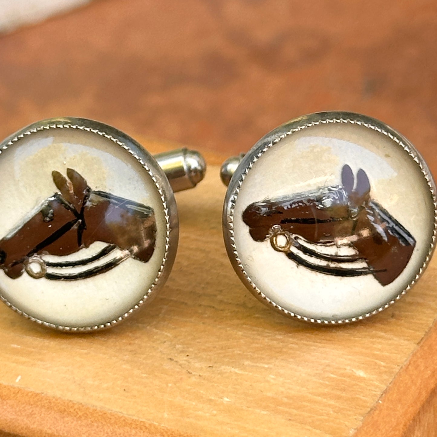 Estate Silver-Tone Round Glass Hand Painted Horse Cufflinks