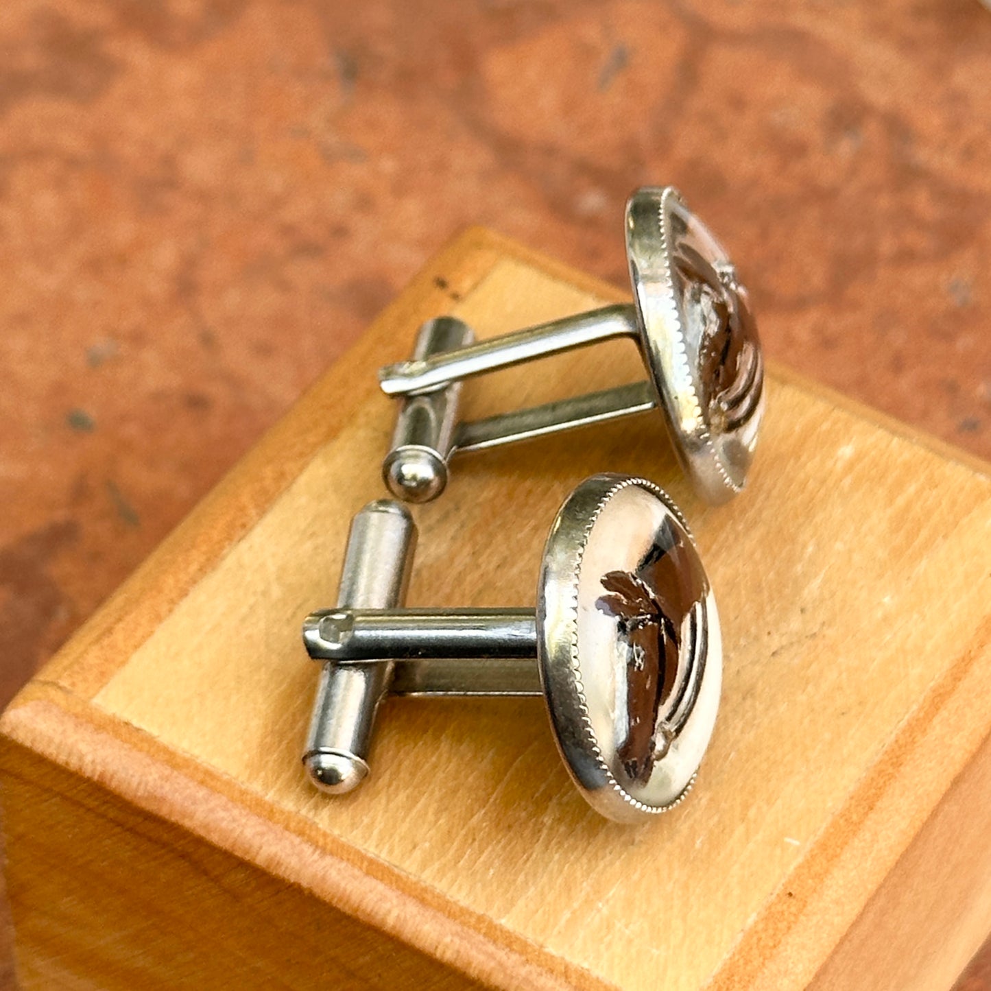 Estate Silver-Tone Round Glass Hand Painted Horse Cufflinks