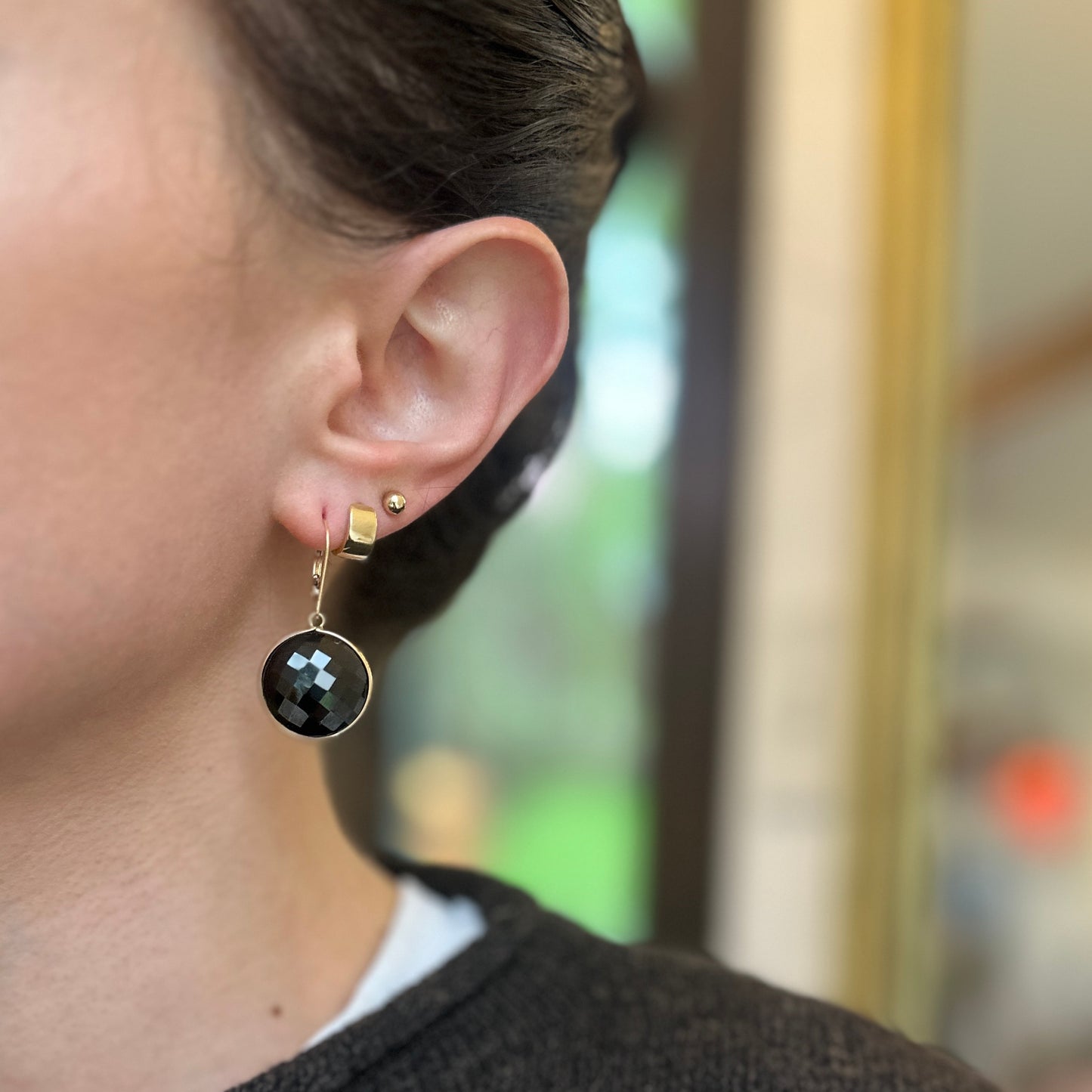 Estate 14KT Yellow Gold Checkerboard Round Double Sided Black Onyx Dangle Earrings