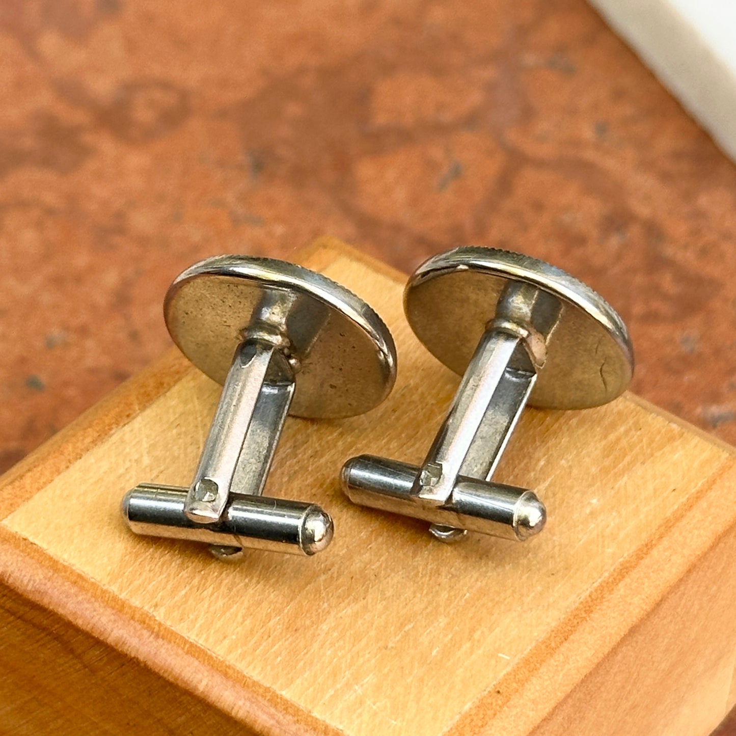 Estate Silver-Tone Round Glass Hand Painted Horse Cufflinks