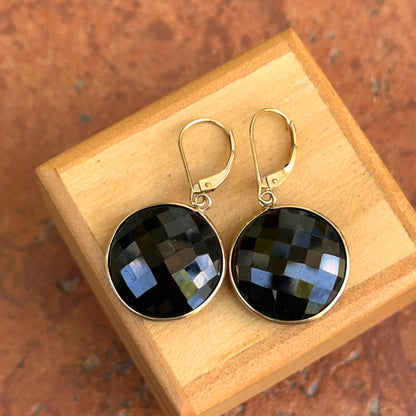 Estate 14KT Yellow Gold Checkerboard Round Double Sided Black Onyx Dangle Earrings