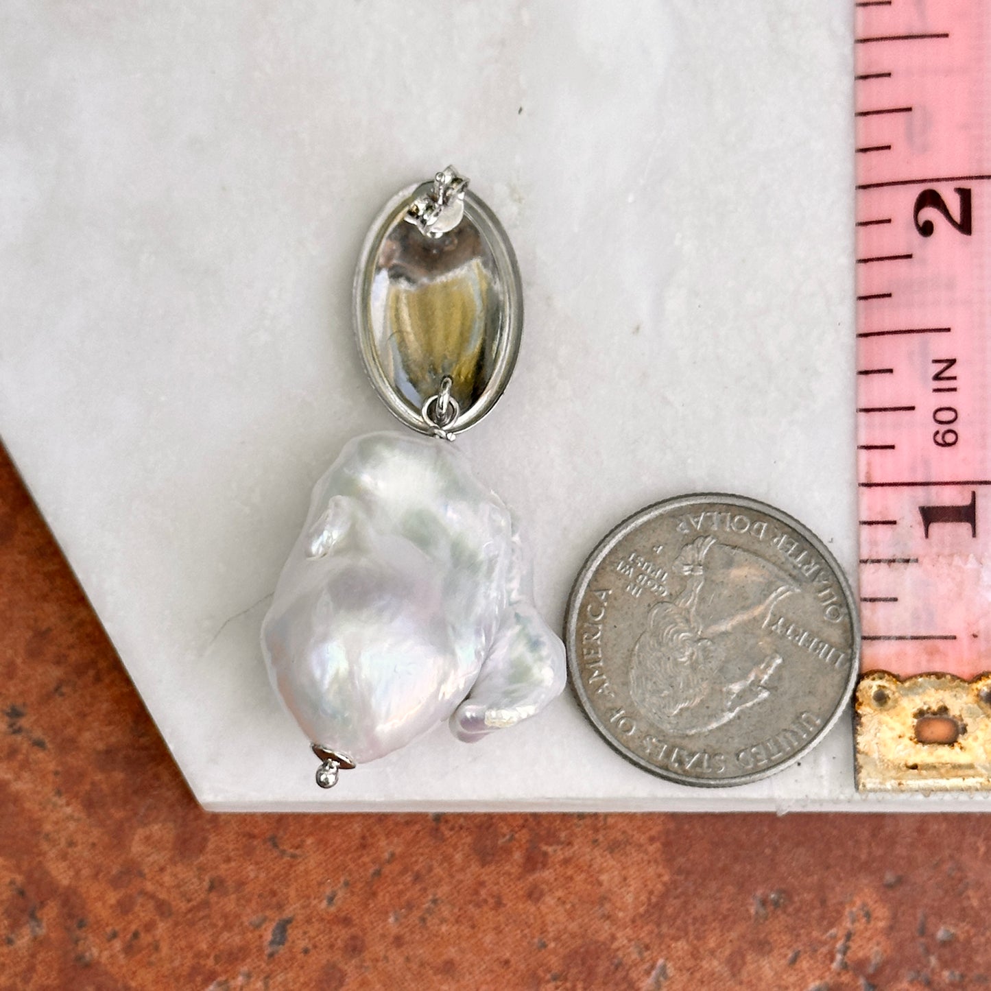Estate Silver Tone Drop Baroque Pearl Dangle Earrings