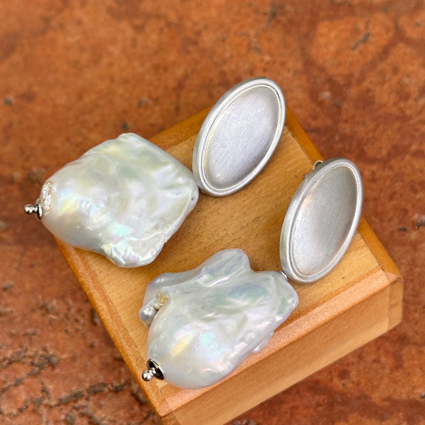 Estate Silver Tone Drop Baroque Pearl Dangle Earrings