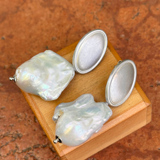 Estate Silver Tone Drop Baroque Pearl Dangle Earrings