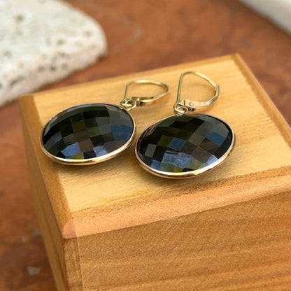 Estate 14KT Yellow Gold Checkerboard Round Double Sided Black Onyx Dangle Earrings