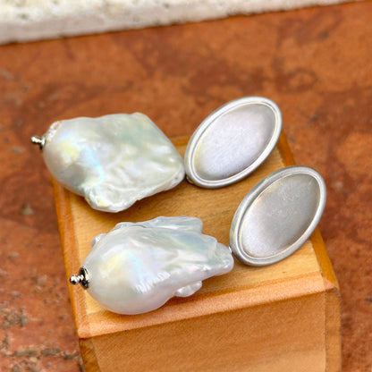 Estate Silver Tone Drop Baroque Pearl Dangle Earrings