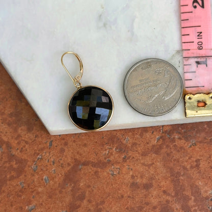 Estate 14KT Yellow Gold Checkerboard Round Double Sided Black Onyx Dangle Earrings