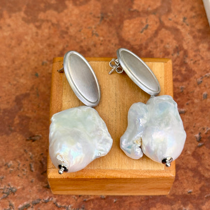 Estate Silver Tone Drop Baroque Pearl Dangle Earrings