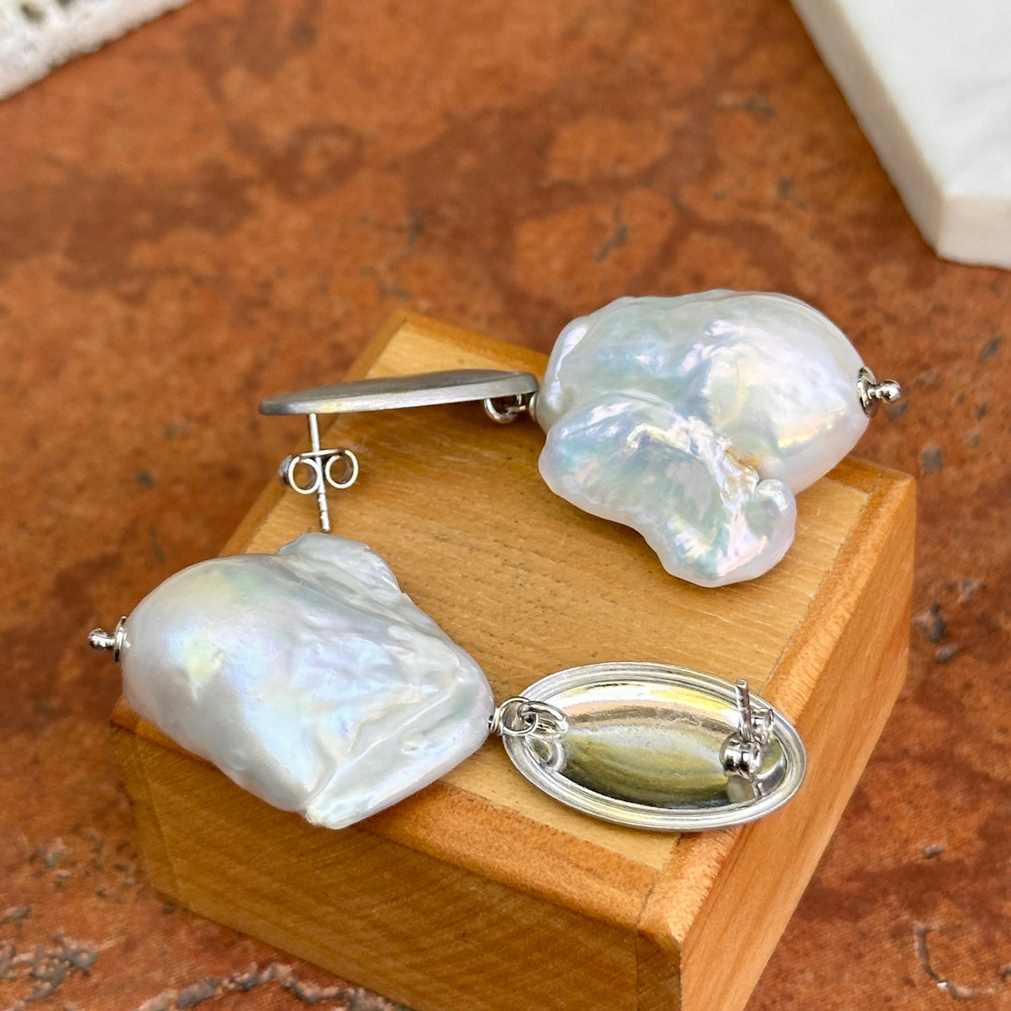 Estate Silver Tone Drop Baroque Pearl Dangle Earrings