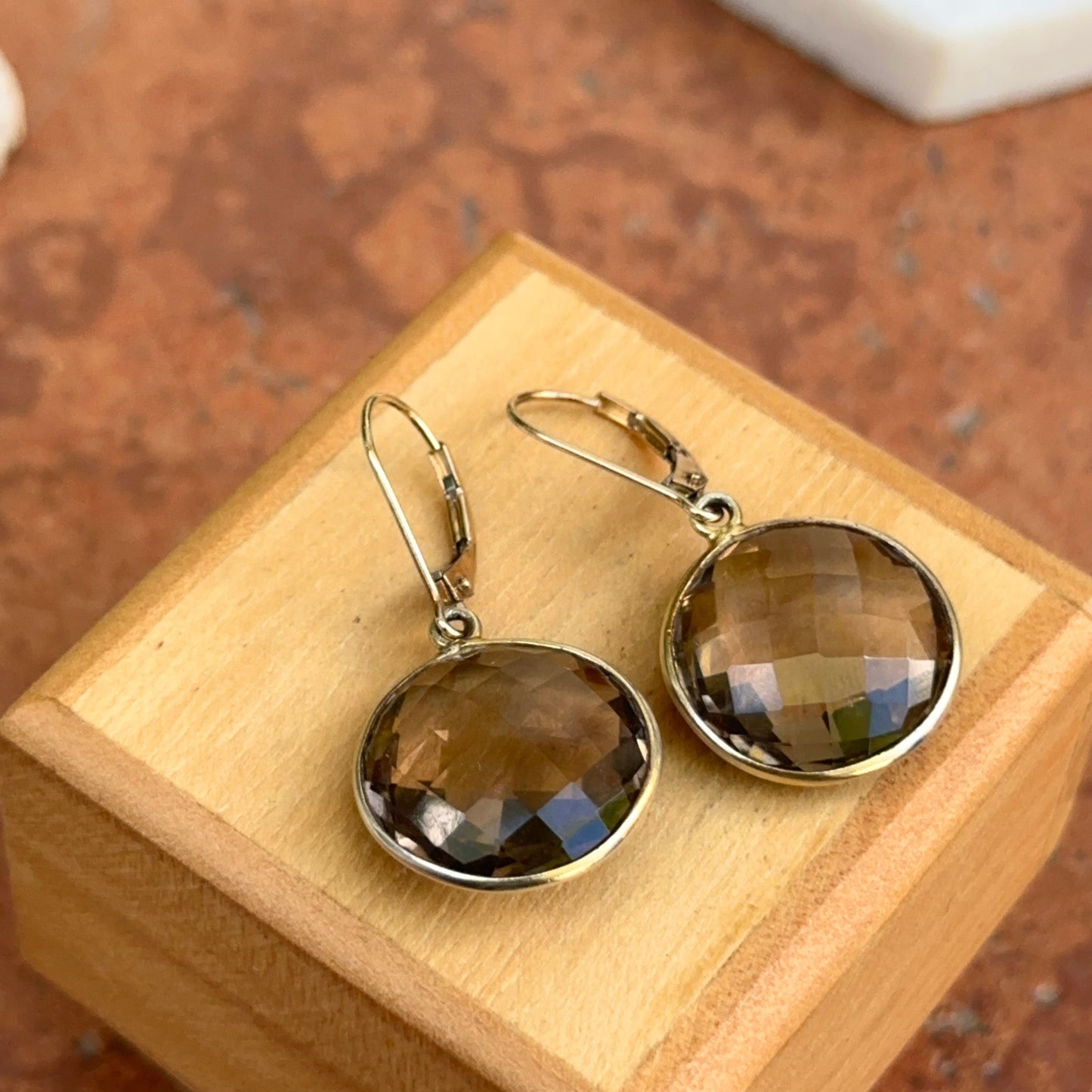 Estate 14KT Yellow Gold Checkerboard Smokey Quartz Dangle Earrings