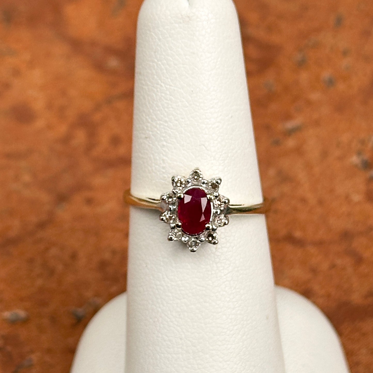 Estate 10KT Yellow + White Gold Oval Ruby + Diamond Halo Ring