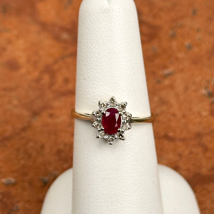Estate 10KT Yellow + White Gold Oval Ruby + Diamond Halo Ring