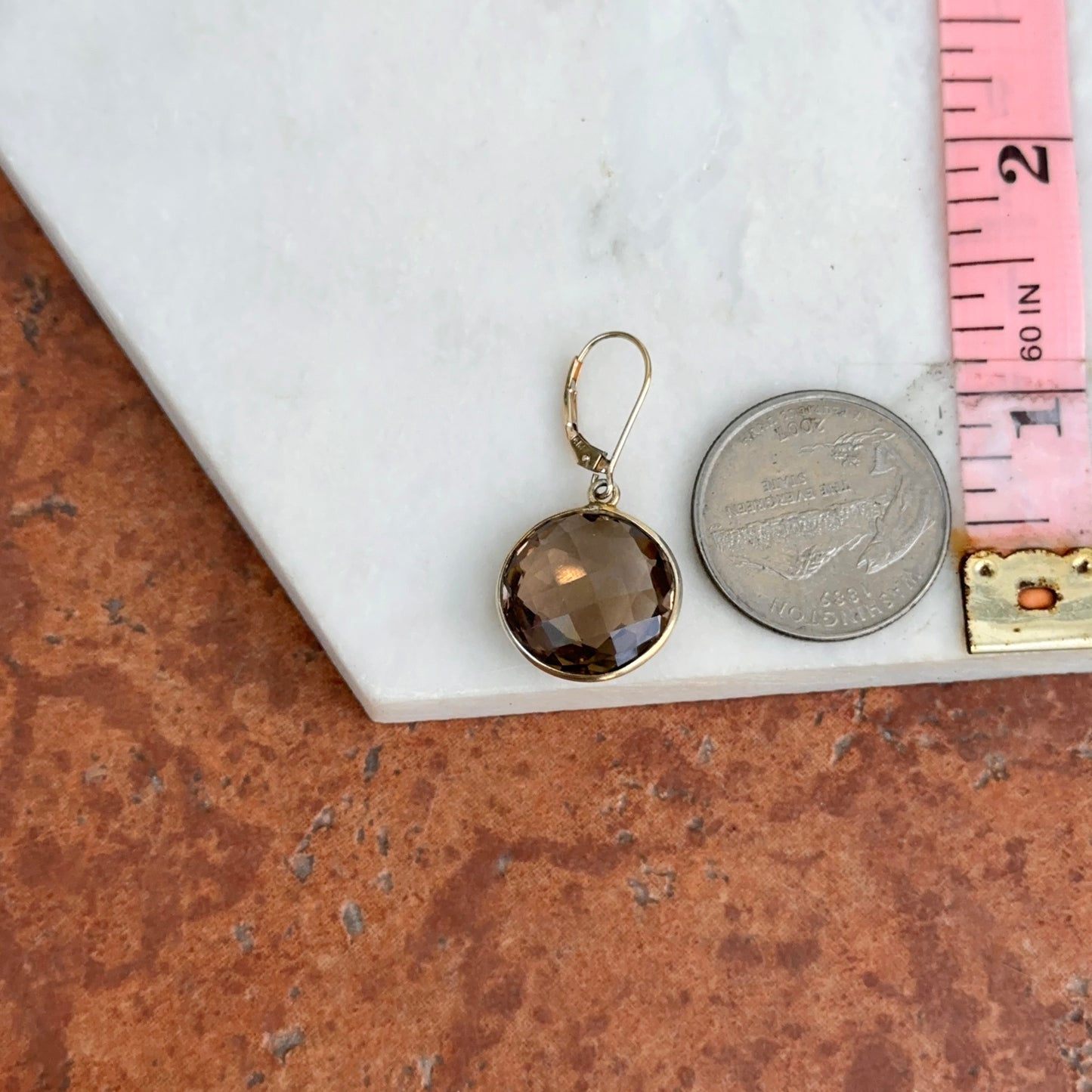 Estate 14KT Yellow Gold Checkerboard Smokey Quartz Dangle Earrings