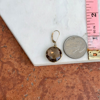 Estate 14KT Yellow Gold Checkerboard Smokey Quartz Dangle Earrings