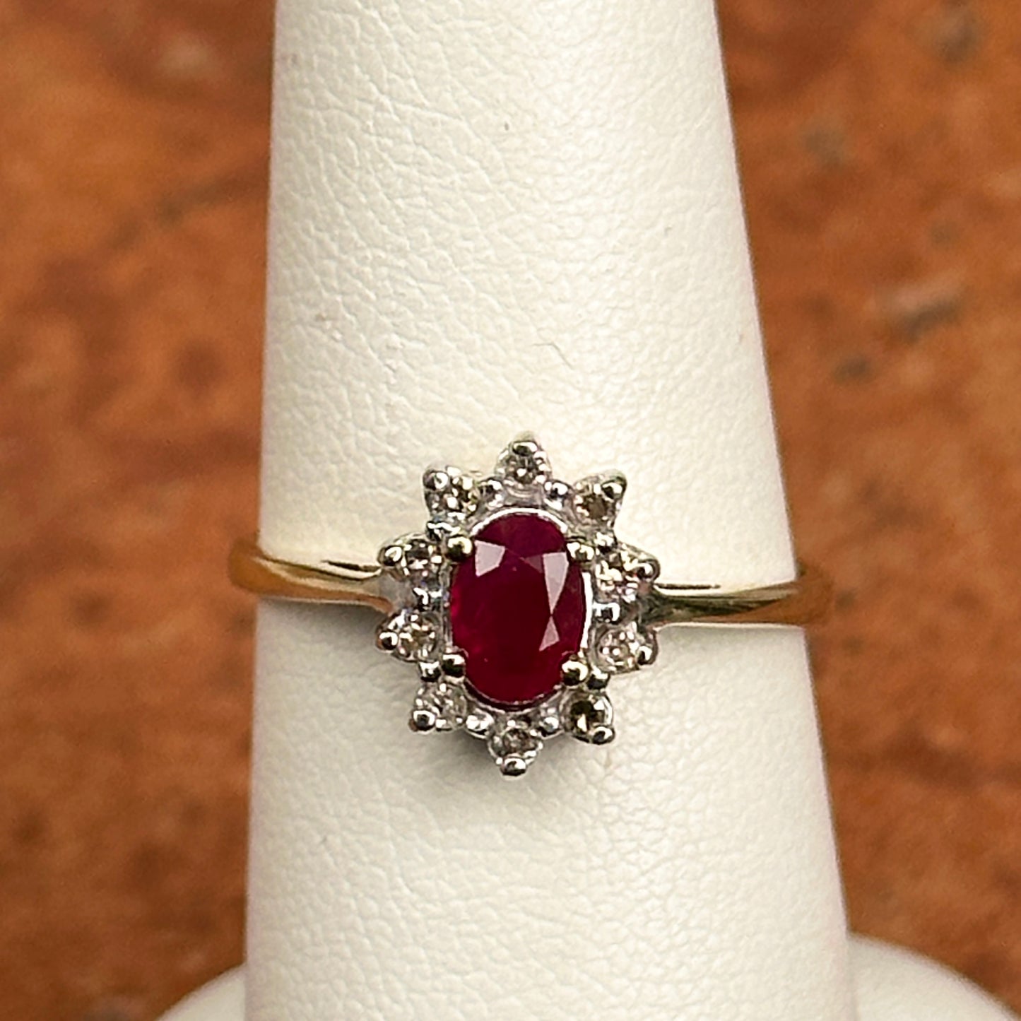 Estate 10KT Yellow + White Gold Oval Ruby + Diamond Halo Ring