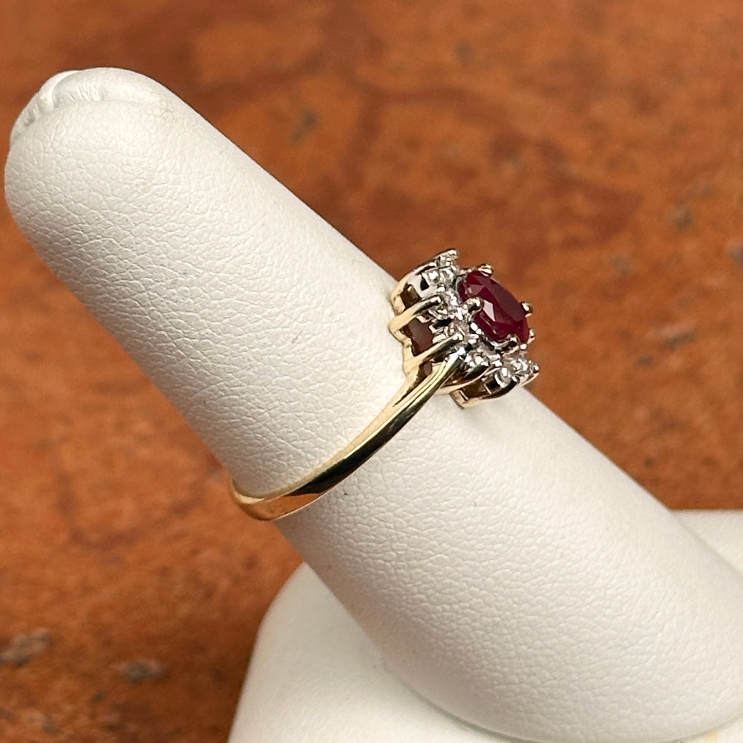 Estate 10KT Yellow + White Gold Oval Ruby + Diamond Halo Ring