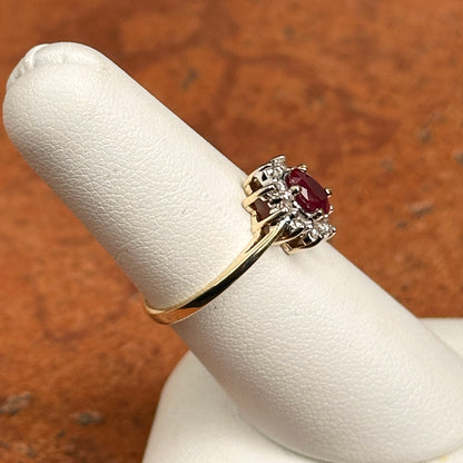 Estate 10KT Yellow + White Gold Oval Ruby + Diamond Halo Ring