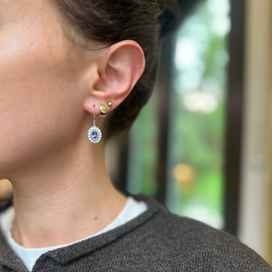 Estate 14KT White Gold Diamond Filigree Halo + Oval Tanzanite Earrings