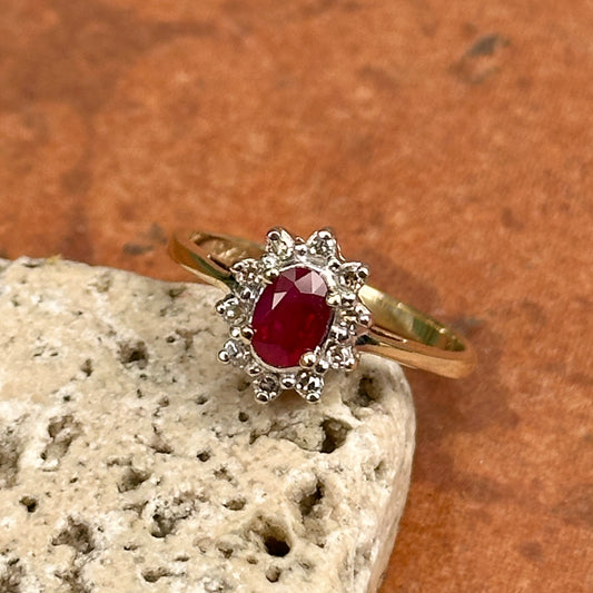 Estate 10KT Yellow + White Gold Oval Ruby + Diamond Halo Ring