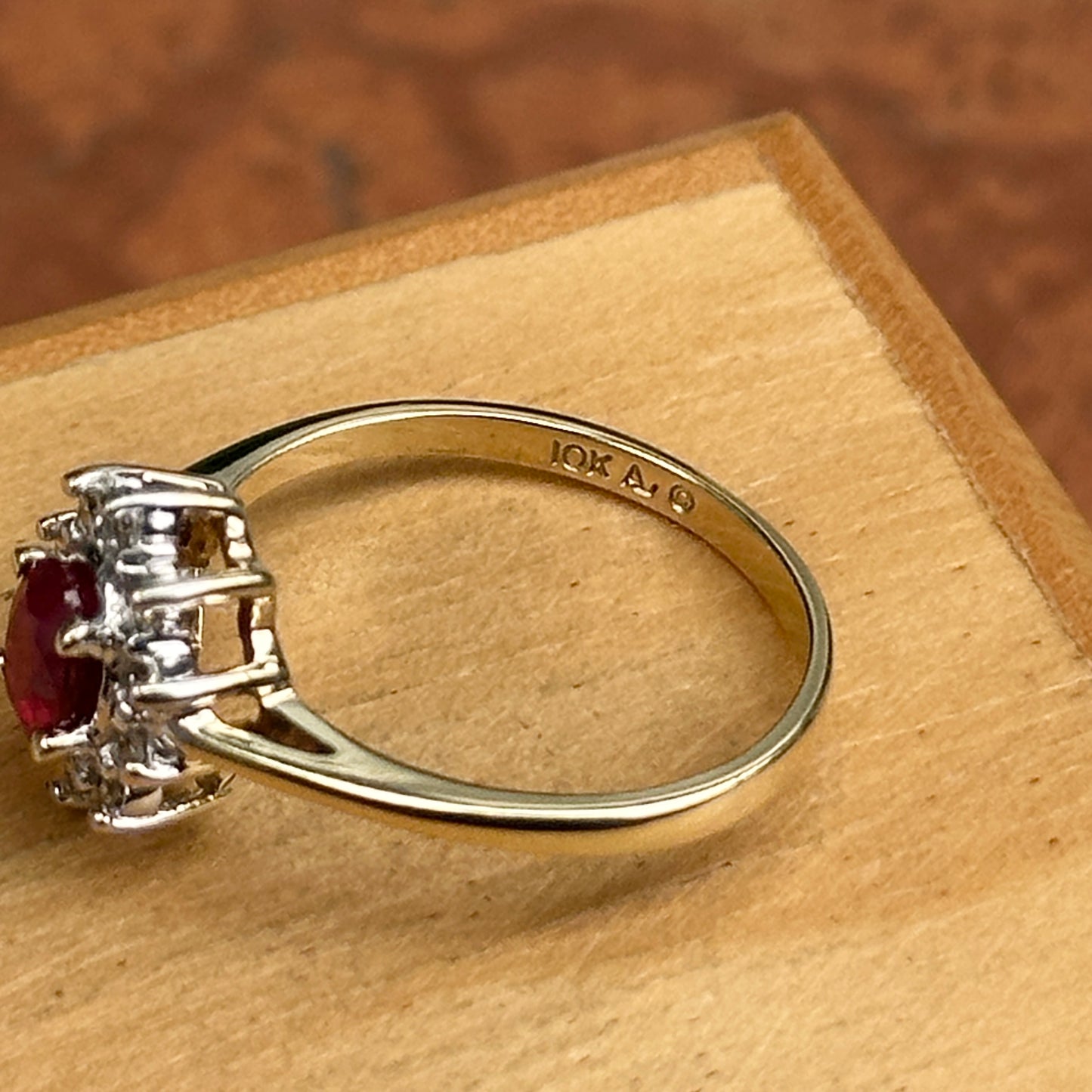 Estate 10KT Yellow + White Gold Oval Ruby + Diamond Halo Ring