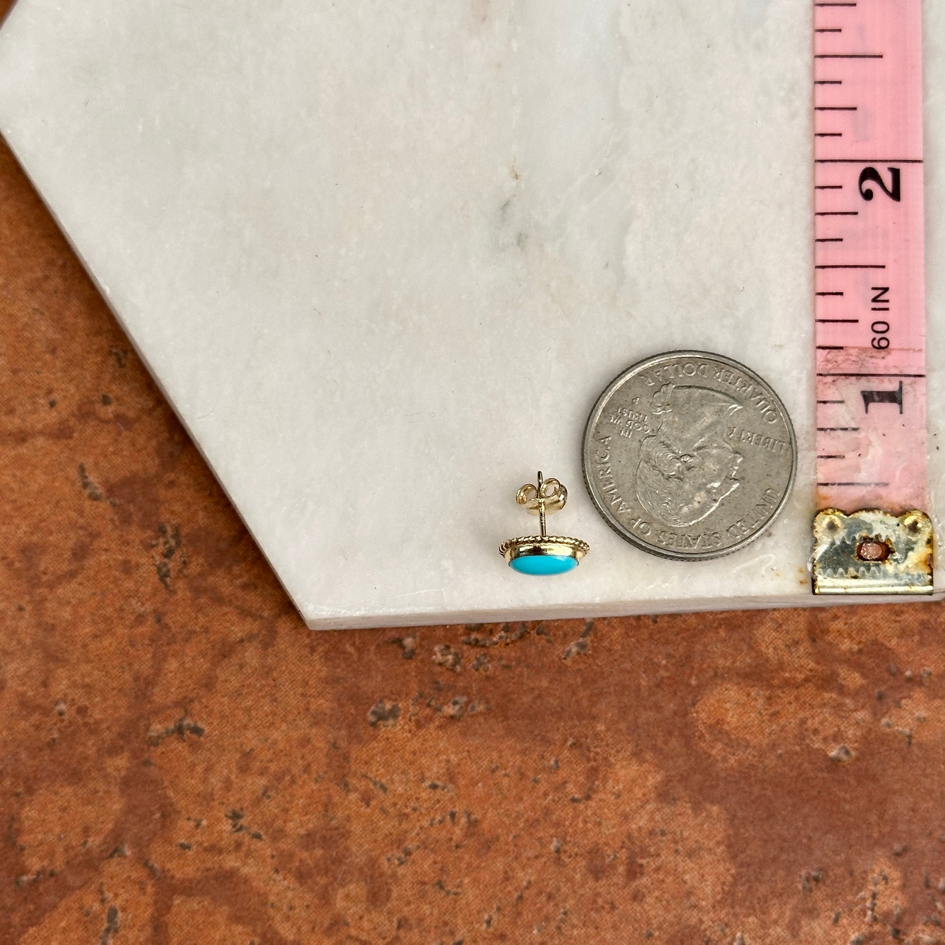 14KT Yellow Gold Small Oval Cabochon Turquoise Gemstone Milgrain Earrings - LSJ