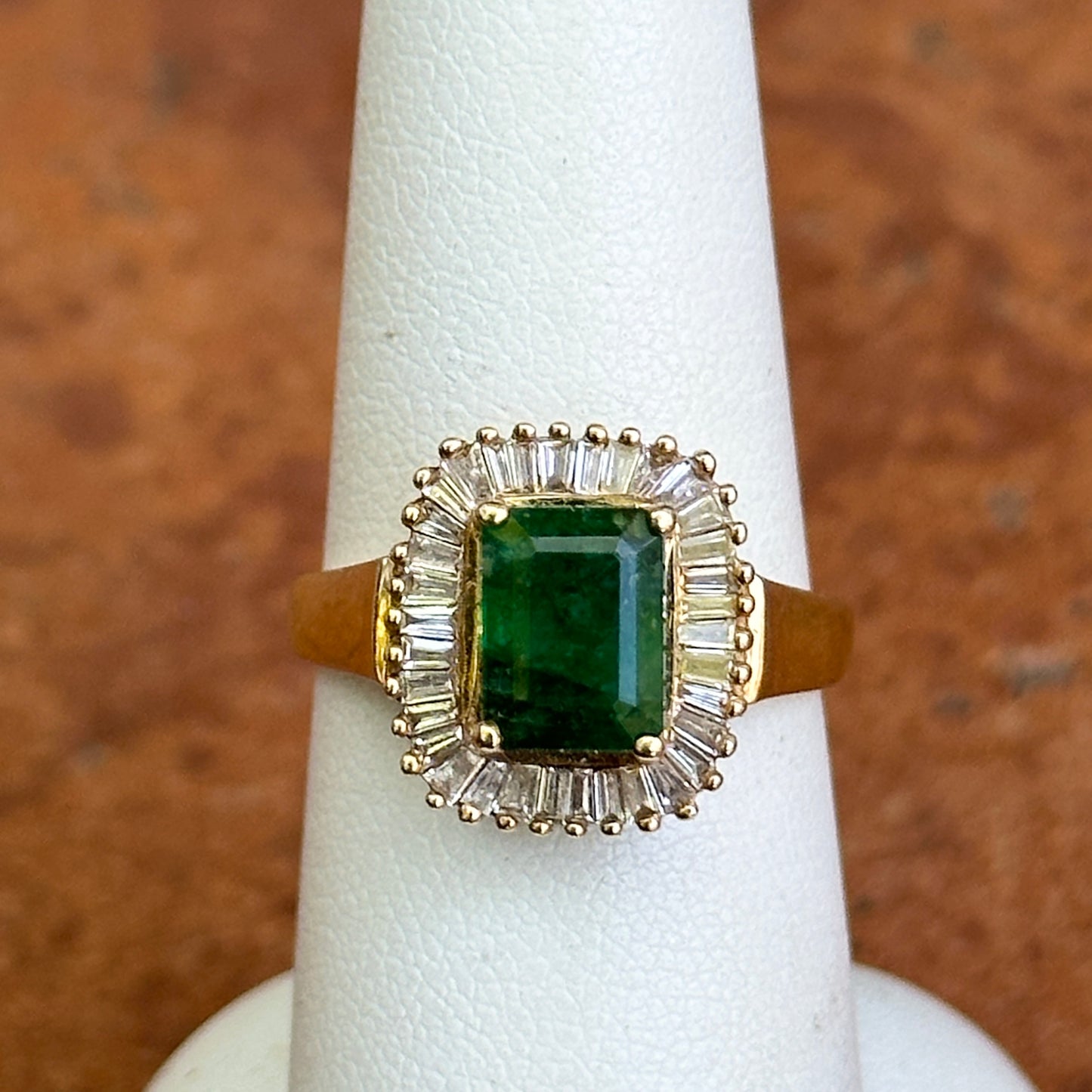 Estate 14KT Yellow Gold Emerald-Cut Emerald + Baguette Diamond Ballerina Ring