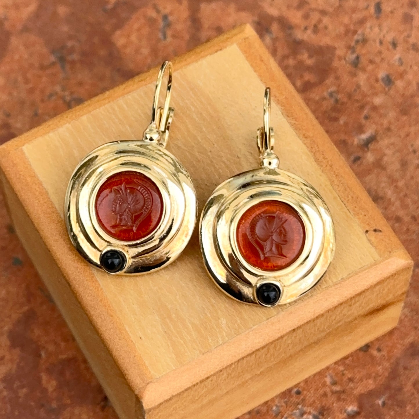 Estate Replica Gold-Tone Roman Carnelian + Onyx Coin Lever Back Earrings