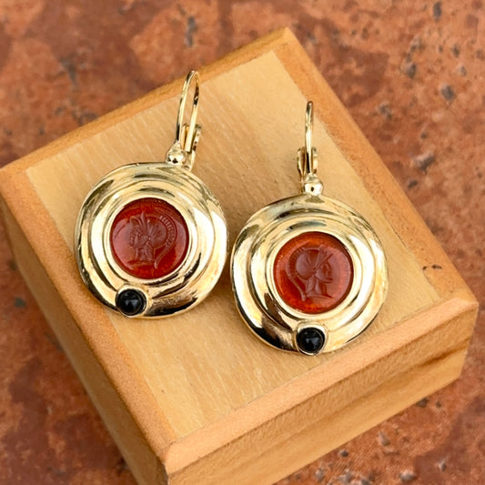 Estate Replica Gold-Tone Roman Carnelian + Onyx Coin Lever Back Earrings