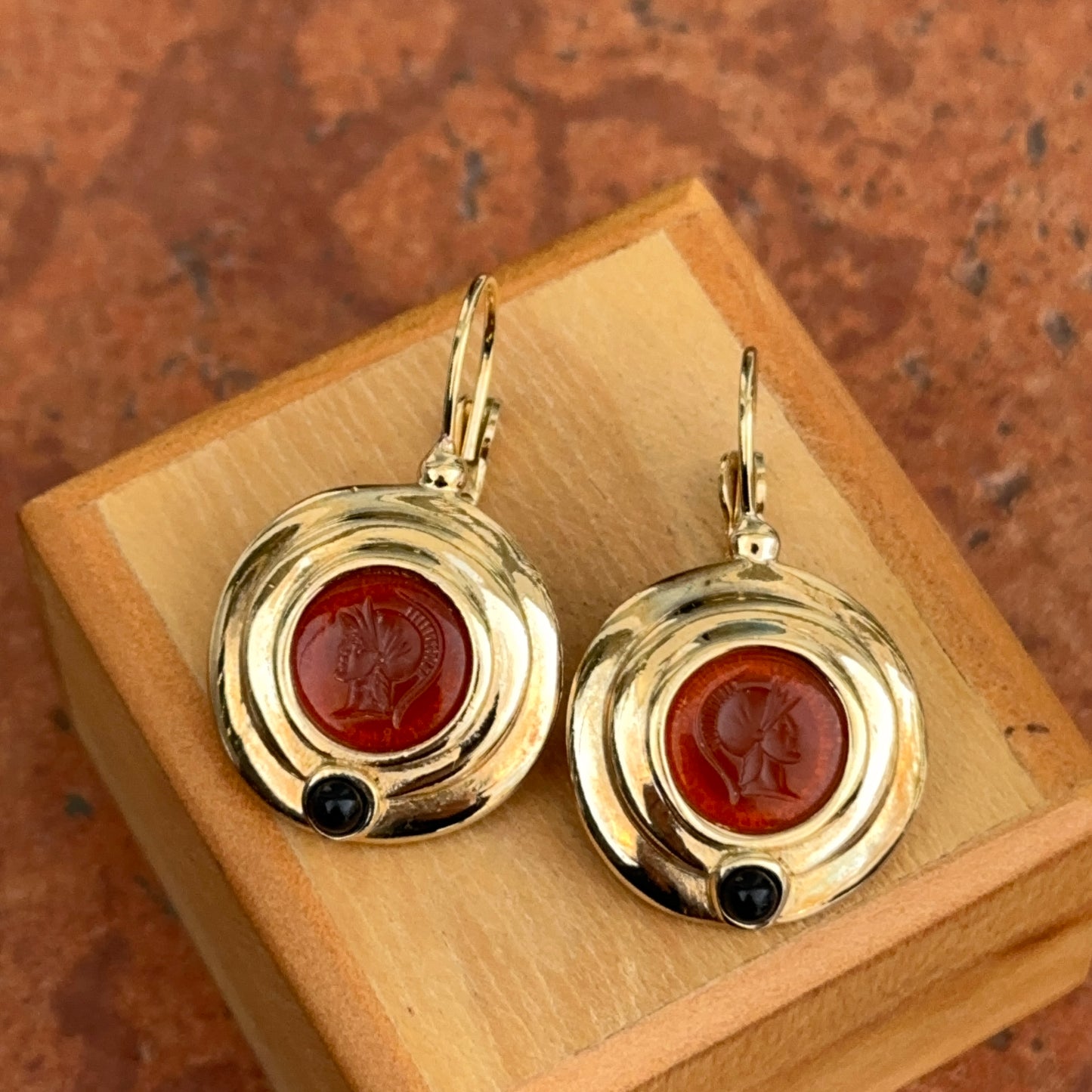 Estate Replica Gold-Tone Roman Carnelian + Onyx Coin Lever Back Earrings