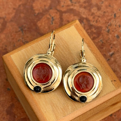Estate Replica Gold-Tone Roman Carnelian + Onyx Coin Lever Back Earrings