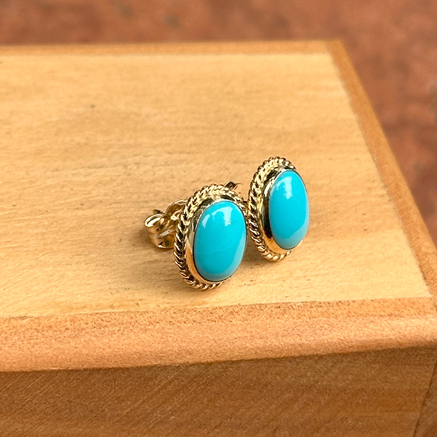 14KT Yellow Gold Small Oval Cabochon Turquoise Gemstone Milgrain Earrings - LSJ