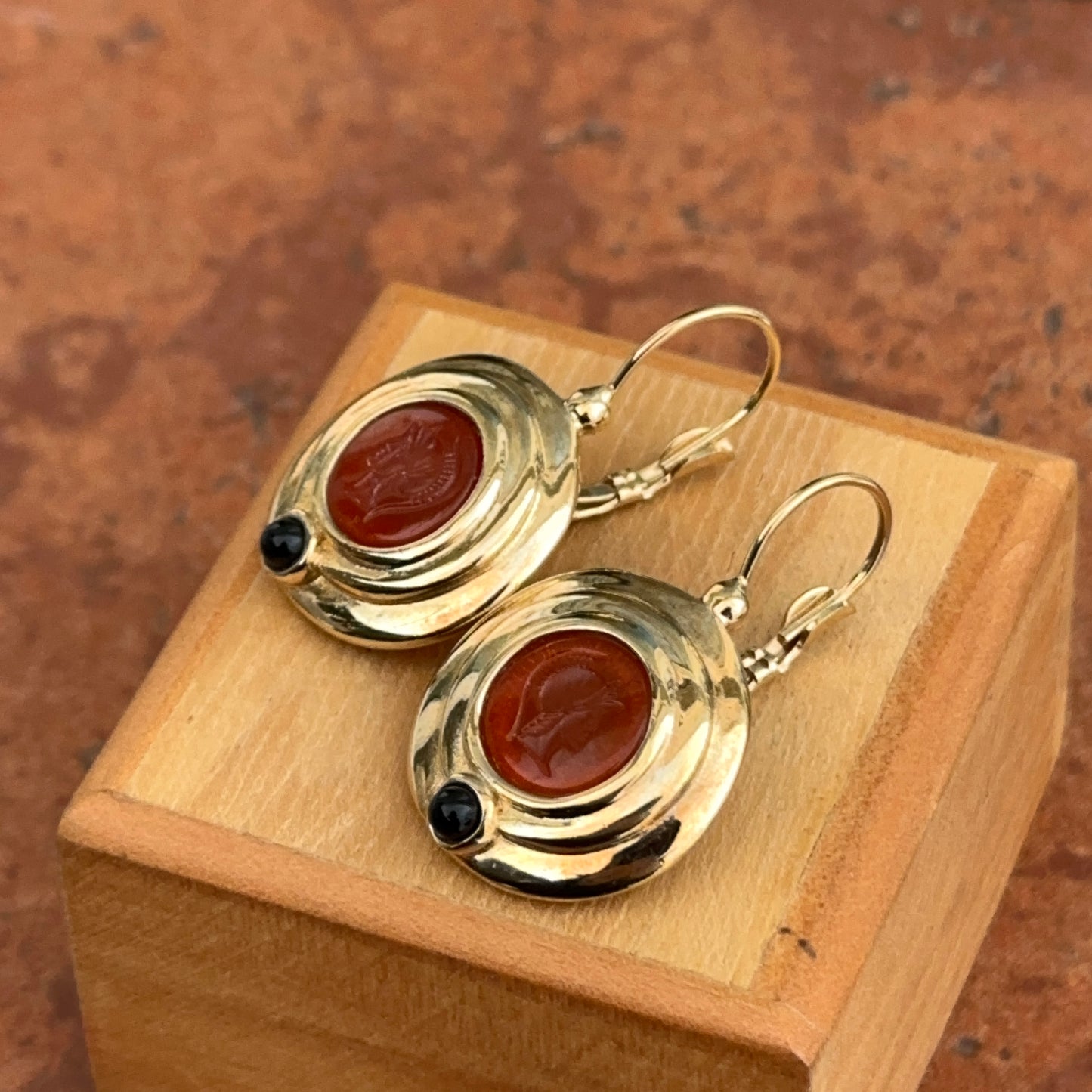 Estate Replica Gold-Tone Roman Carnelian + Onyx Coin Lever Back Earrings
