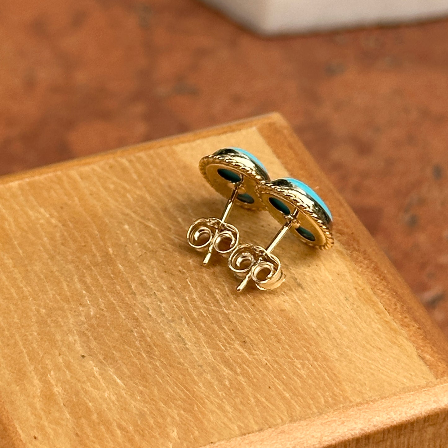 14KT Yellow Gold Small Oval Cabochon Turquoise Gemstone Milgrain Earrings - LSJ