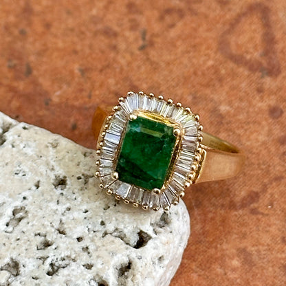 Estate 14KT Yellow Gold Emerald-Cut Emerald + Baguette Diamond Ballerina Ring