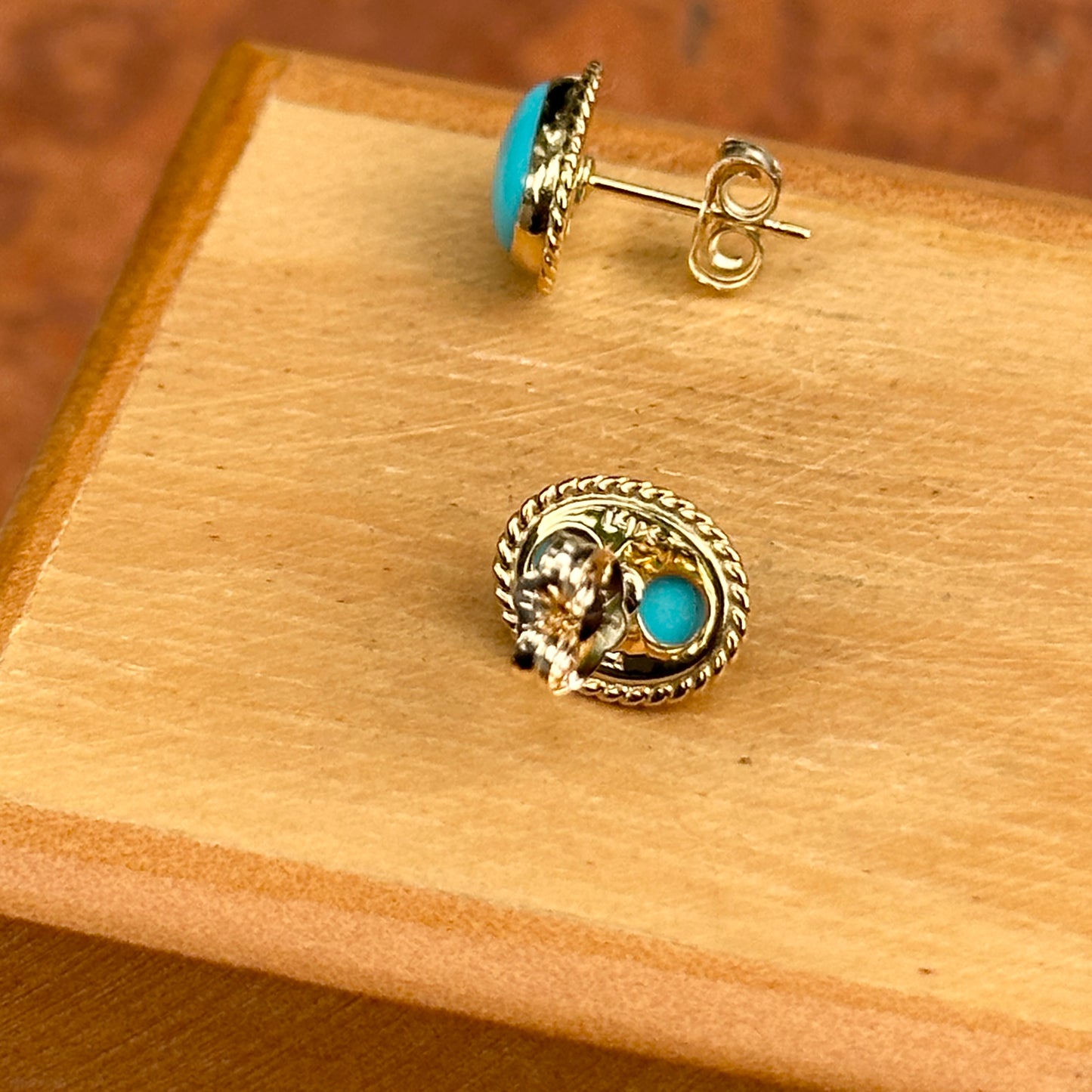 14KT Yellow Gold Small Oval Cabochon Turquoise Gemstone Milgrain Earrings - LSJ