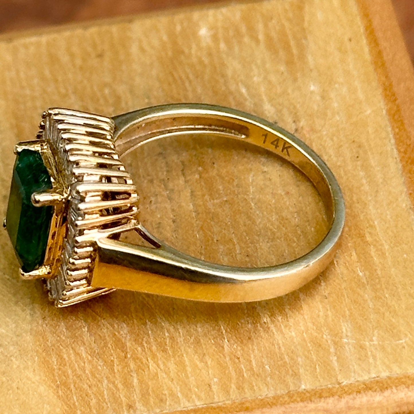 Estate 14KT Yellow Gold Emerald-Cut Emerald + Baguette Diamond Ballerina Ring