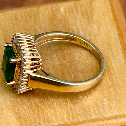 Estate 14KT Yellow Gold Emerald-Cut Emerald + Baguette Diamond Ballerina Ring