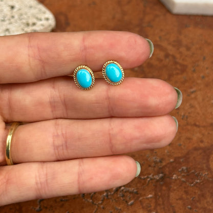 14KT Yellow Gold Small Oval Cabochon Turquoise Gemstone Milgrain Earrings - LSJ