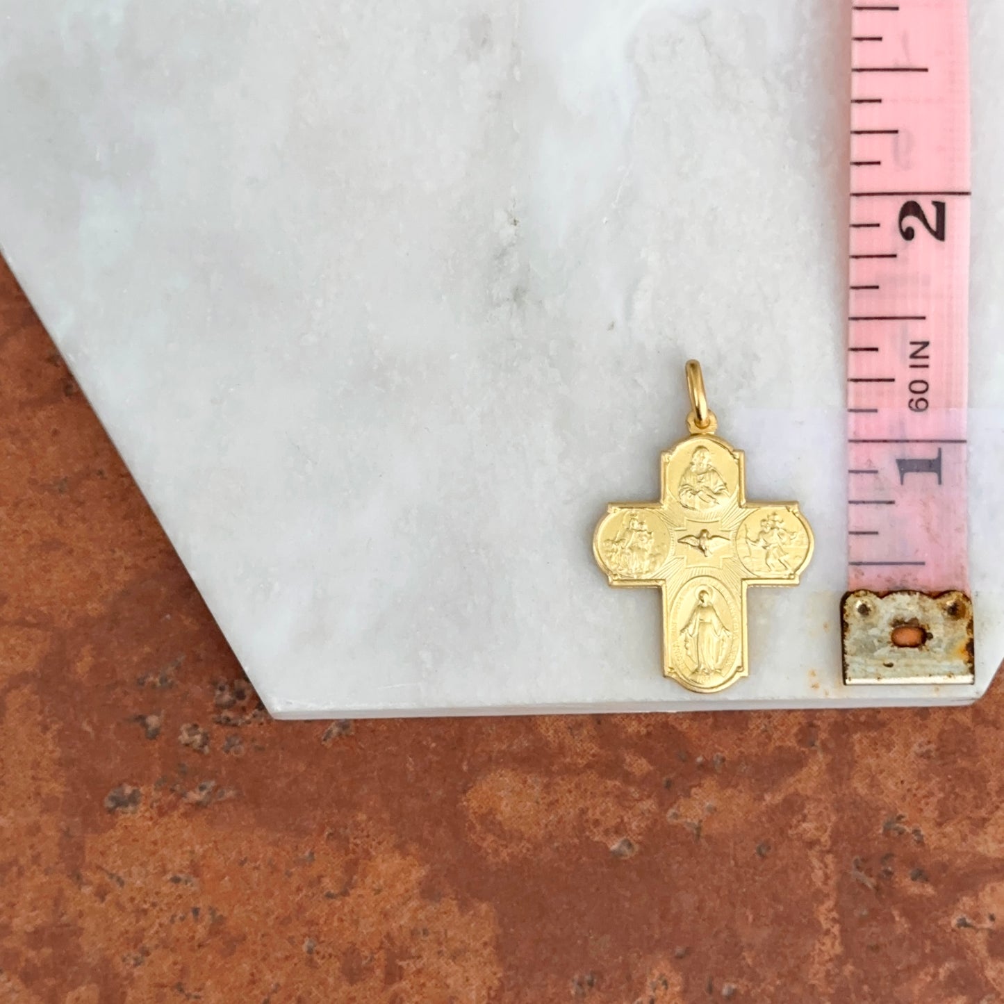 14KT Yellow Gold Matte Four Way Cross Medal Pendant 30mm