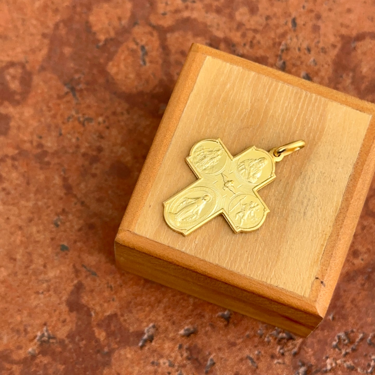 14KT Yellow Gold Matte Four Way Cross Medal Pendant 30mm