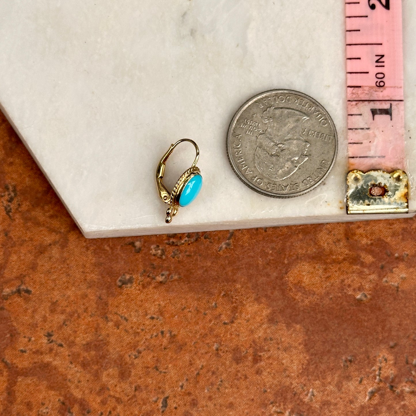 14KT Yellow Gold Cabochon Oval Turquoise Frame Lever Back Earrings