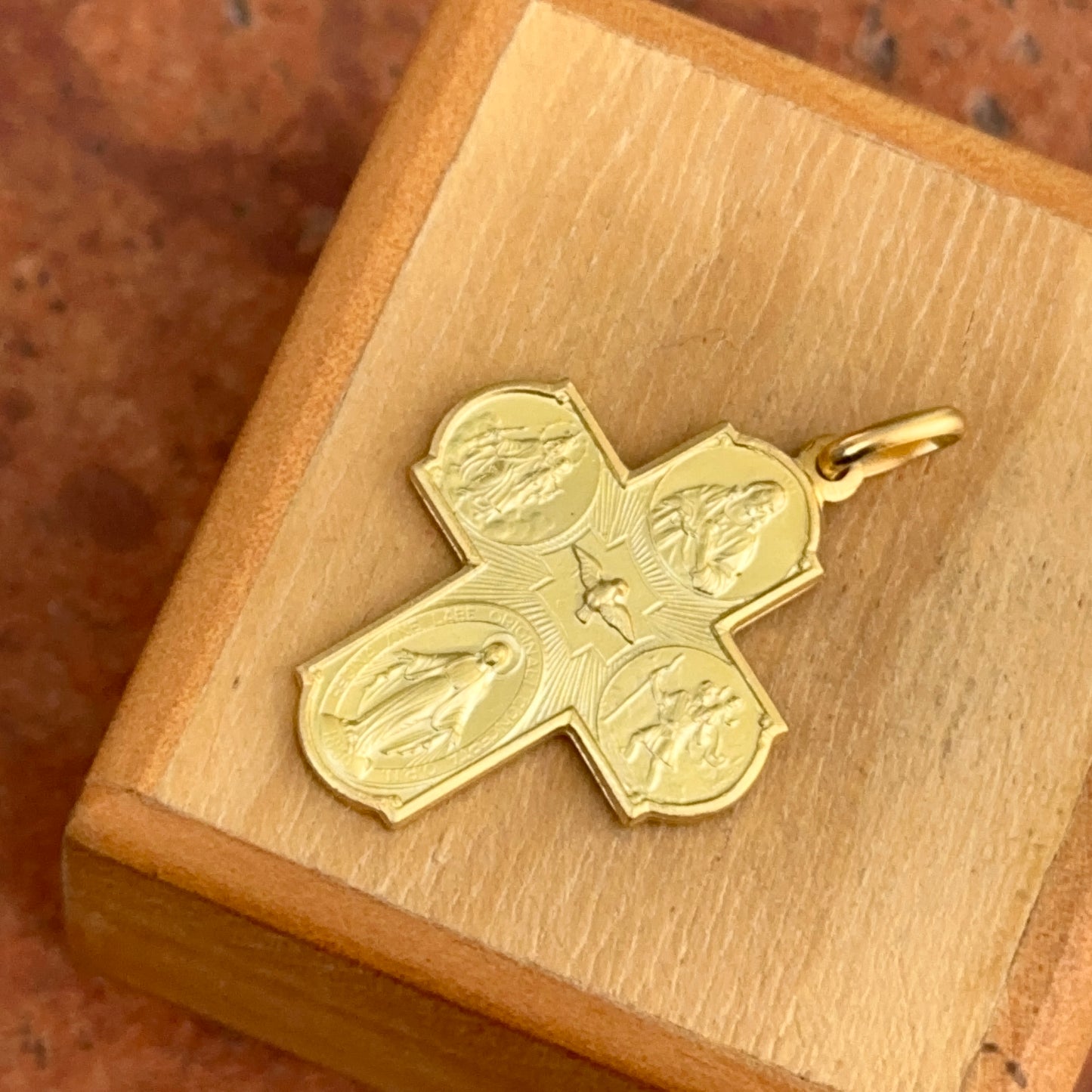 14KT Yellow Gold Matte Four Way Cross Medal Pendant 30mm