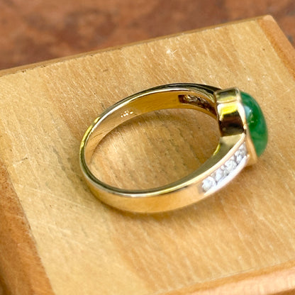 Estate 14KT Yellow Gold Cabochon Green Jade + Diamond Band Ring