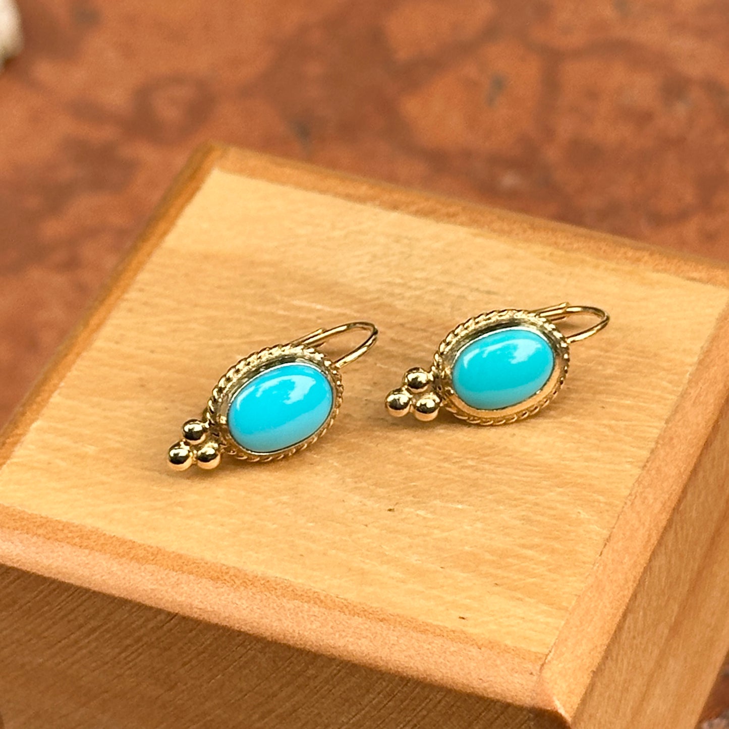 14KT Yellow Gold Cabochon Oval Turquoise Frame Lever Back Earrings