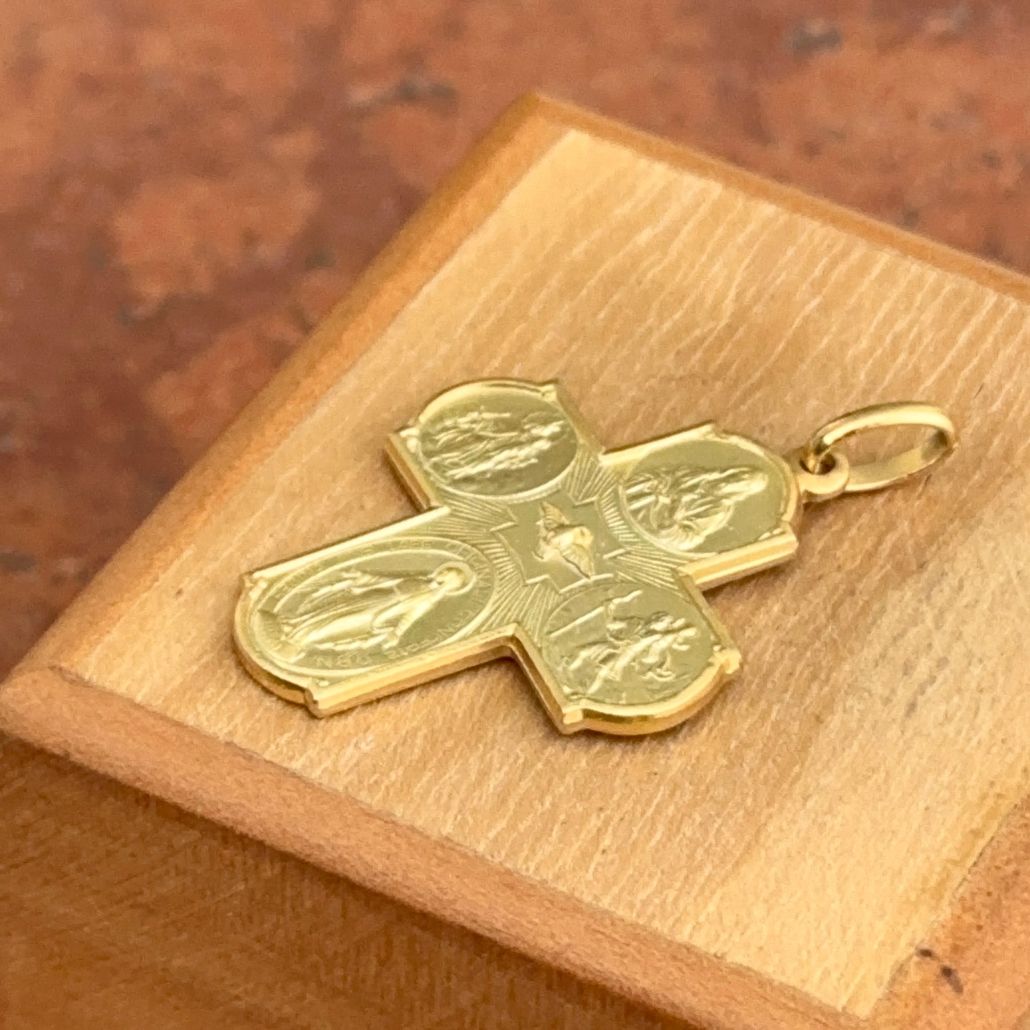 14KT Yellow Gold Matte Four Way Cross Medal Pendant 30mm