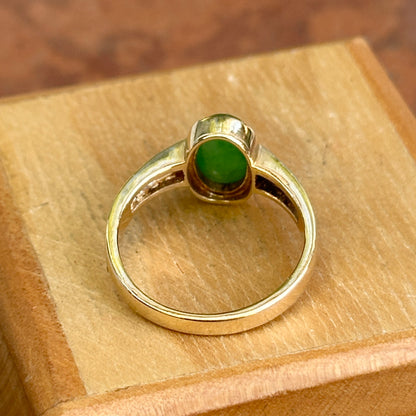 Estate 14KT Yellow Gold Cabochon Green Jade + Diamond Band Ring