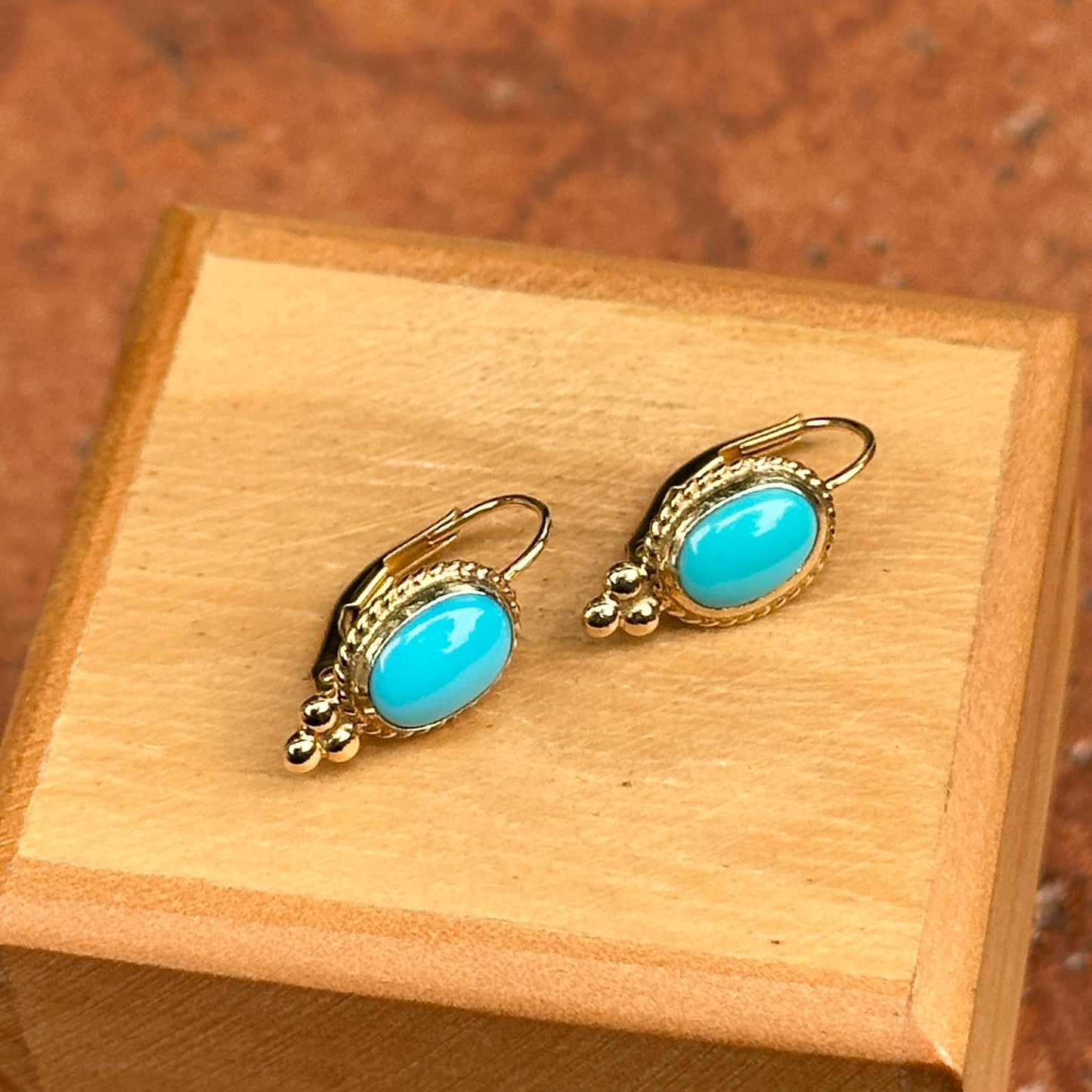 14KT Yellow Gold Cabochon Oval Turquoise Frame Lever Back Earrings