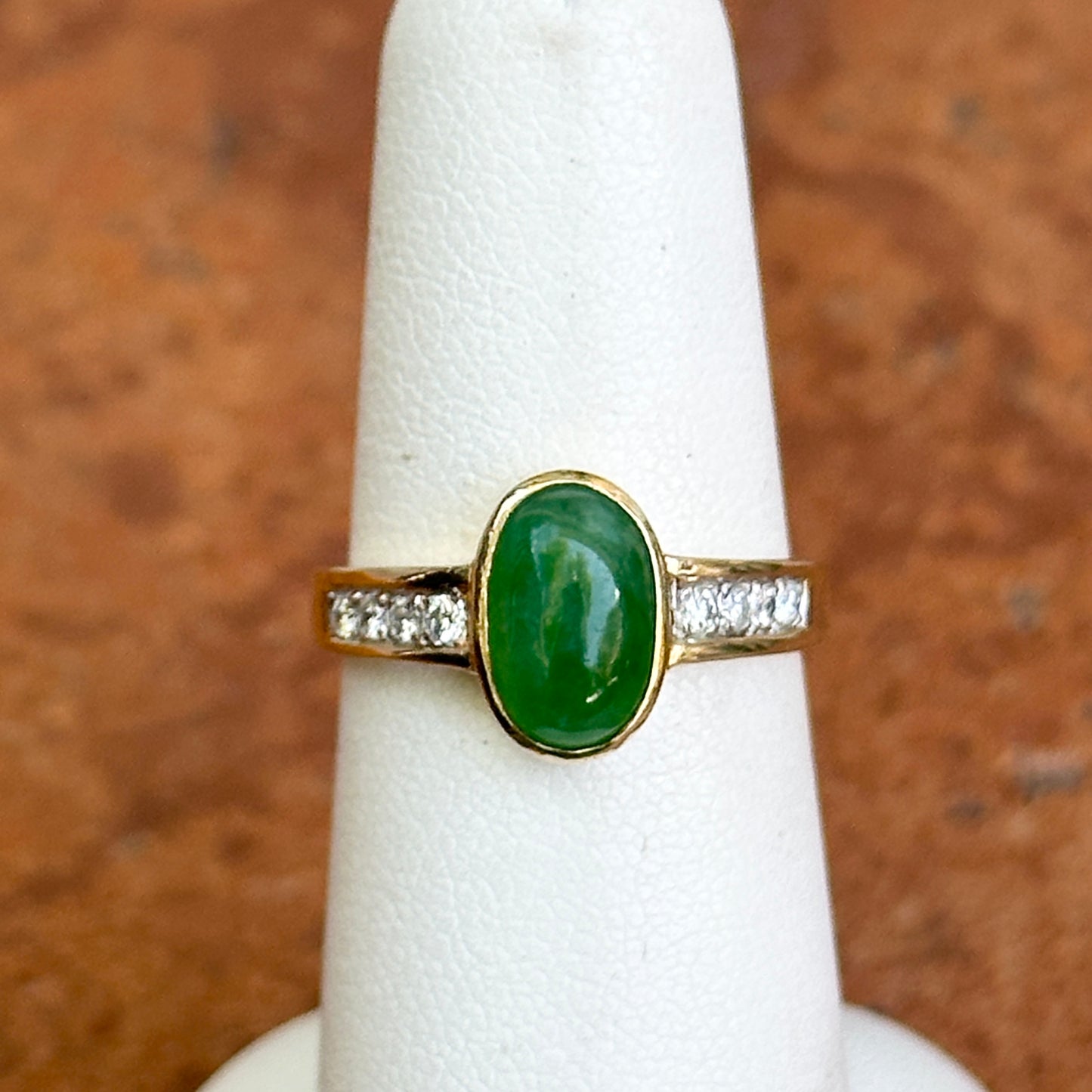 Estate 14KT Yellow Gold Cabochon Green Jade + Diamond Band Ring