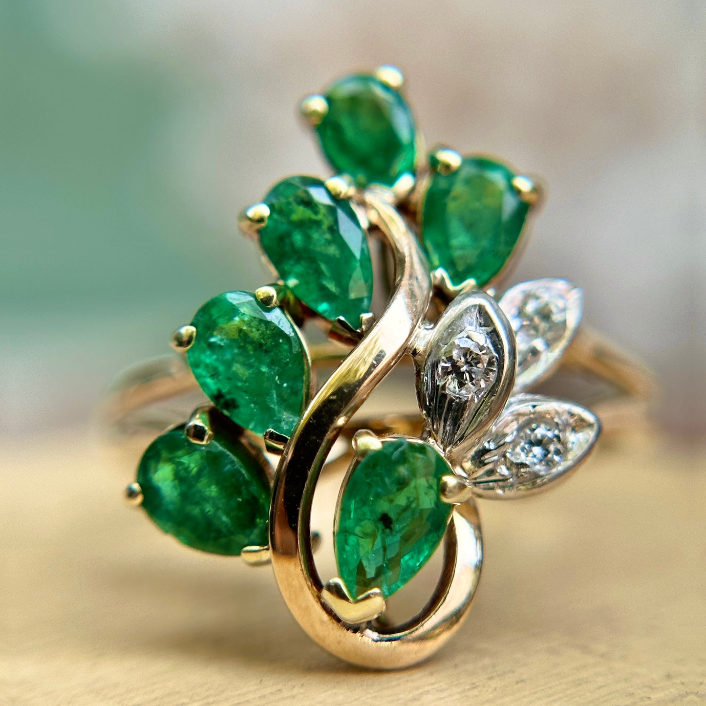 Estate 14KT Yellow Gold Pear Emerald + Diamond Cluster Ring