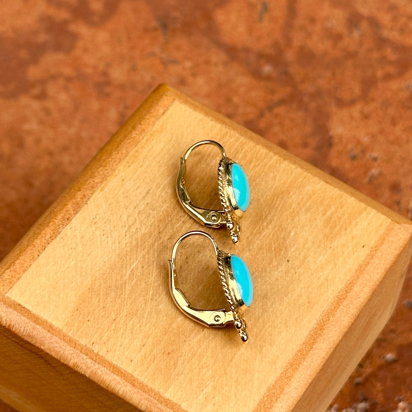 14KT Yellow Gold Cabochon Oval Turquoise Frame Lever Back Earrings